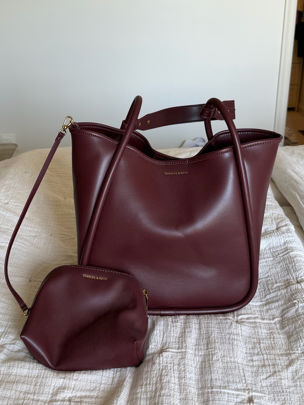 Charles & Keith Wine Red Leather Tote with Pouch